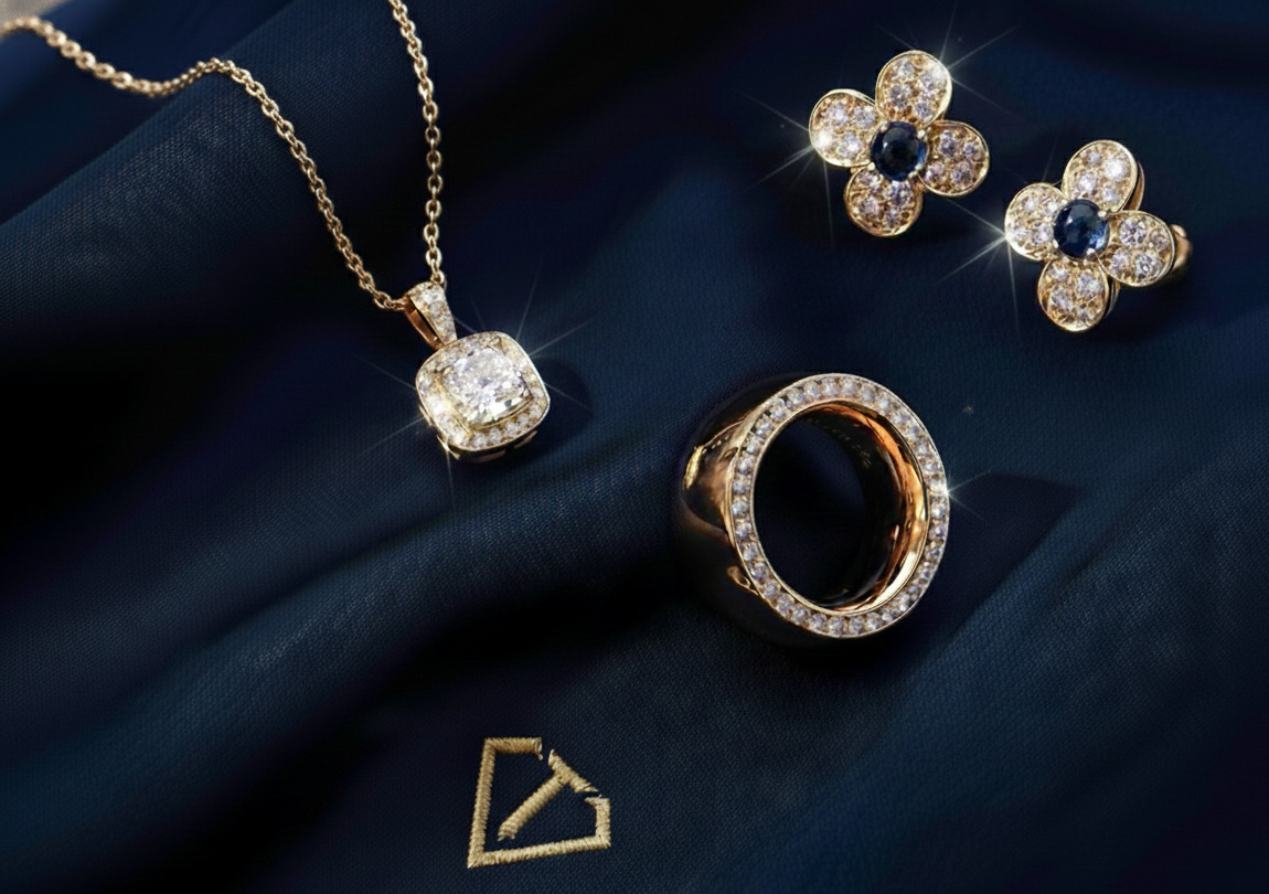 Marken Schmuckstücke auf einem blauen Samttuch